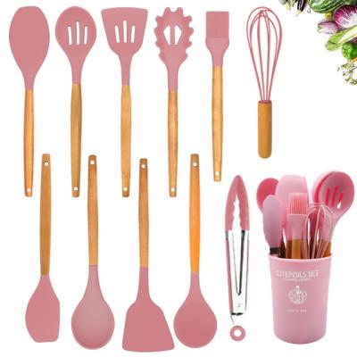 China Sustainable Amazon Hot Sale Kitchen Tools Silicone Kitchenware 12 Pieces Silicone Cooking Utensils Set With Wooden Handle for sale