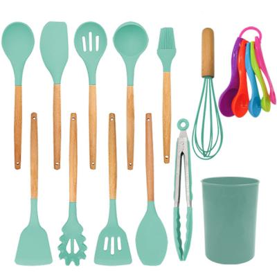 China Sustainable 17pcs Silicone Cooking Kitchen Utensils Set Natural Wooden Handle BPA Free Non-Toxic Cooking Utensils Set for sale