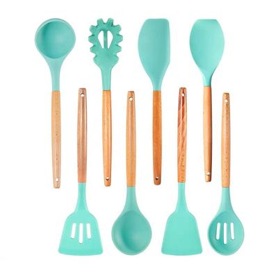 China Sustainable Green 8pcs Natural Beech Wood Silicone Kitchen Utensils Set - Silicone Utensil Cooking Set for sale