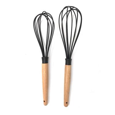 China Best Viable Selling Black Silicone Beater Set 2 Silicone Balloon Egg Beater Kitchenware Beech Wood Grip for sale