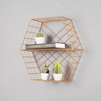 China Iron Modern Creative Gold Bar Metal Home Decorative Wall Shelves Hexagon for sale