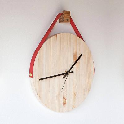 China Antique Style 10 Inch Wall Clock Pure Wood Round Creative Leather Strap Hanging Clock For Wall Decor for sale