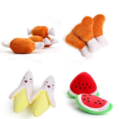 China OEM Viable Wholesale Cheap Cute Plush Pet Toys Vegetables Cartoon Fruits Train Puppy Kitty Squeaky Toys for sale