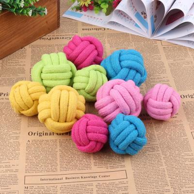 China Cotton Stocked Woven Pet Chew Toy Interactive Knots Weave Cotton Rope Biting Small Ball For Puppy Kitty for sale