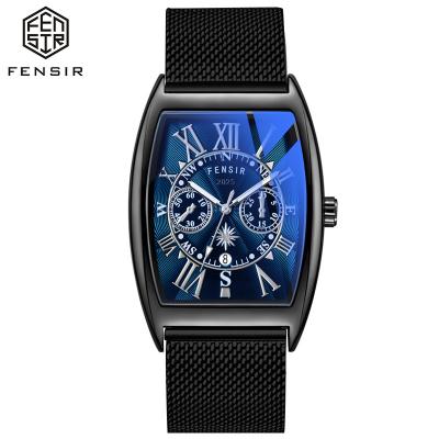 China 2025 Auto Date FENSIR Custom Gradient Mirror Blue Barrel Shaped Charm Watch Mesh Luminous Steel Man's Quartz Watch OEM Classic for sale