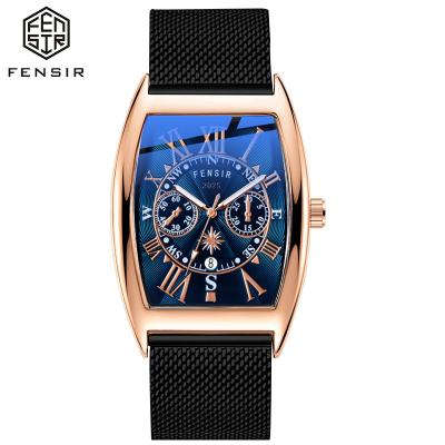 China 2025 Auto Date FENSIR Custom Gradient Mirror Blue Barrel Shaped Charm Watch Classic Watch Leather Belt Luminous Man's Quartz Watch OEM for sale