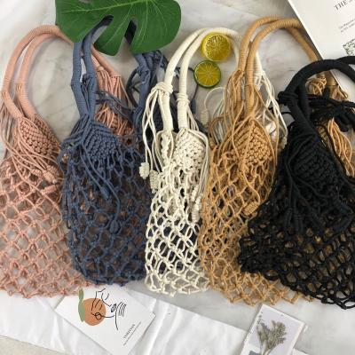 China Colorful Handled Cotton Rope Macrame Bags Crochet Woven Shopping Bags Shoulder Straw Bag Handmade For Summer Travel for sale