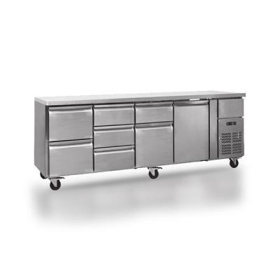 China Hotel factory price 1.8M 2 door large capacity kitchen work table stainless steel silver refrigerator for sale