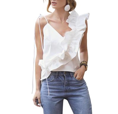 China American Women's Anti-Shrink European Solid Color Blouse Shirts V-Neck Ruffled Vest Spaghetti Ruffled Vest for sale