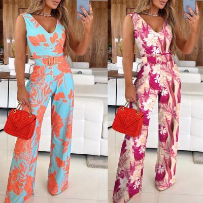 China Wholesale Women's One-Piece Outfit Floral Print V-Neck Bodycon Overalls High Waist Breathable Sleeveless Slim Romper Overalls for sale