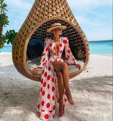 China Latest Summer Beach Boho Slit Wrap Casual Polka Dot Print Long Sleeve Anti-Wrinkle Western Sexy Deep V-Neck Dress for sale