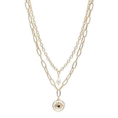 China New Design Double Layers Chains Necklace Eye Freshwater Pearl Pendant for sale