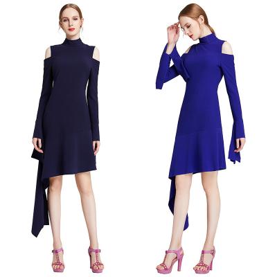 China Special asymmetric edge solid colorRuffles sexy solid colorRuffles long sleeve flare dress ND008 modern casual outfits for lady for sale