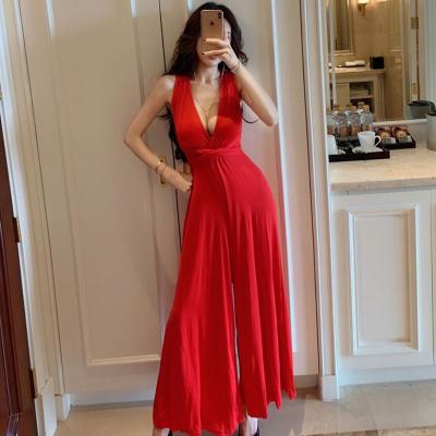 China Anti-Static Manufacture Price V Neck Backless Women  Multiway Wear Rompers Jumpsuit Broad-legged trousers for sale