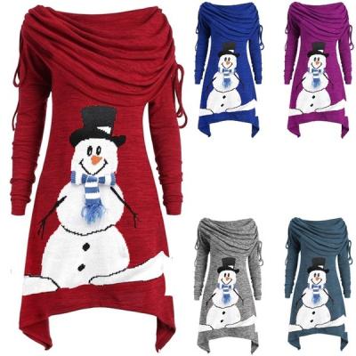 China Washable 2023 Snowman Cartoon Print T-shirt Dress Women Long Sleeve Smocked Christmas Dress for sale