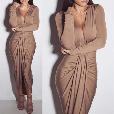 China Anti-wrinkle Women Fashion Sexy V-Neck Long Sleeve Polyester & Cotton Pleated High Elasticity Club Evening Dress for sale