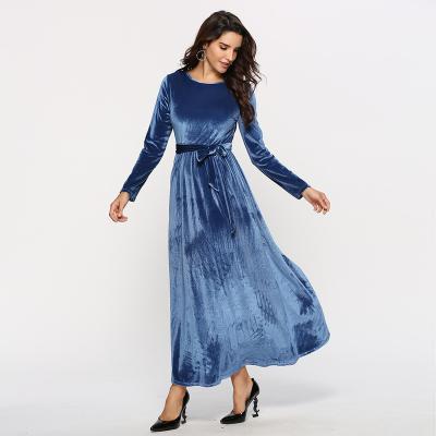 China Sustainable Women Elegant Long Sleeve Velour High Waist Autumn and Winter Big Pendulum Type Long Blue Dresses for sale