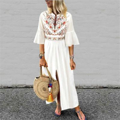 China Anti-Static Bohemian Vintage Print Dress 2020 Sexy V Neck Ruffle Sleeve Split Maxi Long Dresses Women Plus Size Casual Loose Dress for sale