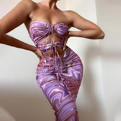 China Anti-Static 2023 New Arrivals Spring Lady Bodycon Dress Sexy Off Shoulder Dyed Print Halter Backless Women Dress for sale