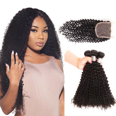 China Free Shipping #1B Brazilian Human Hair Kinky Curly Weave 3 Hair Extensions with 4*4 Lace Closure for sale