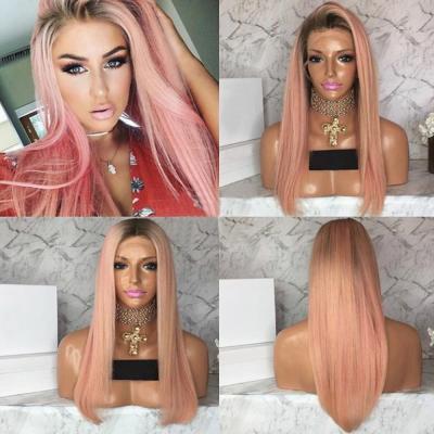 China Straight Human Hair Ombre Full Lace Pink Wig Black Root Light pink Front Lace Wig Middle Part With Baby Hair for sale