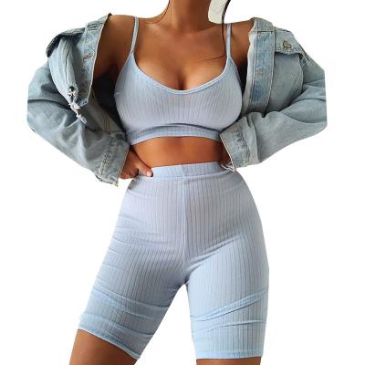 China Breathable OEM Logo Plain Color Spaghetti V-Neck Bra Custom Bra Top and Shorts 2 Piece Set Ribbed Sports Bra and Yoga Shorts for sale