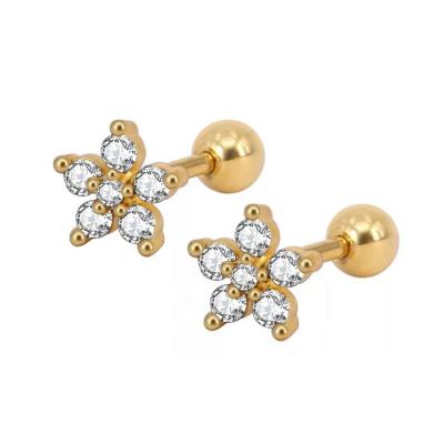 China Fashionable Gold Titanium Anodized Cartilage Earrings With Prong Set CZ Flower for sale