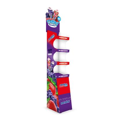 China Advertising Food Product Floor Custom Corrugated Paper Candy Racks For Shops Show Mini Cardboard Tower Display Stand for sale