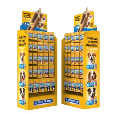 China Advertising Supermarket Recycle Cardboard Food Display Cardboard Pet Food Display Stand Floor Corrugated Paper Dog Food Display Rack for sale