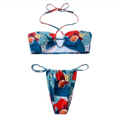 China Summer and season bikini antibacterial neck hanging split swimsuit sexy printed three-point swimsuit for sale