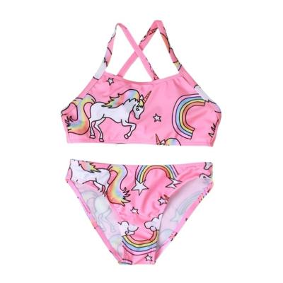 China New pink girls' comfortable elastic bikini unicorn pattern slit swimsuit children's baby breathable high swimsuit for sale