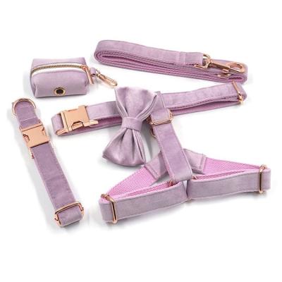 China Rose Gold Metal Hardware Pet Collar Pull Rope Bow Waste Bag Lilac Purple Chest Quick Release Velvet Buckle and Back Set Dog Harness Set for sale