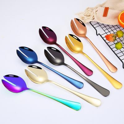 China Sustainable Salad Servers Spoon Fork 2 Pieces Stainless Steel Cookware Set Colorful Cutlery Set for sale