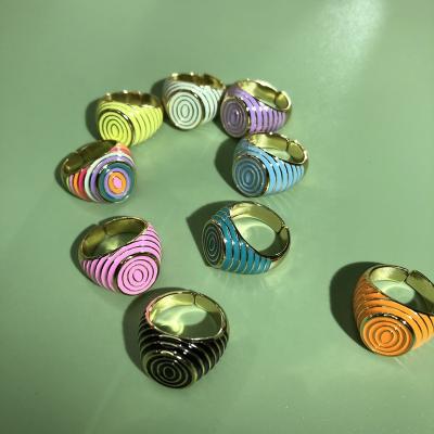 China Women 2021 New Design FASHIONABLE Colorful Round Stripe Gold Enamel Brass Ring Opened Ring Fashion Jewelry Sets for sale