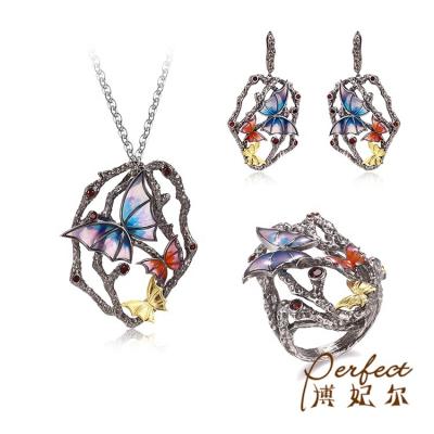 China CLASSIC Multicolor Enamel Jewelry Sets Gold Plated Geometric Earrings Ring Pendant Necklace Sets for sale