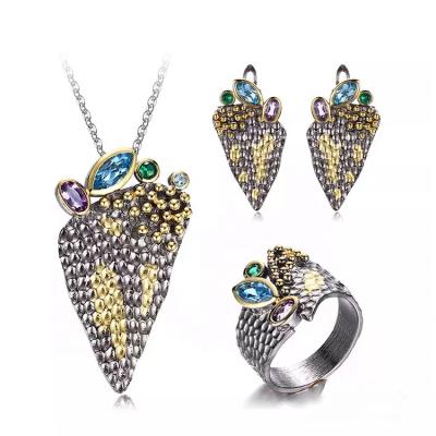 China New Arrival CLASSIC Vintage Gemstone Jewelry Sets Colorful Stone Necklace Earring And Ring Jewelry Sets for sale