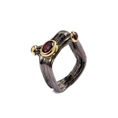 China Retro Italy Jewelry Ring Garnet Stone Silver Ring Wooden Design Suit for sale