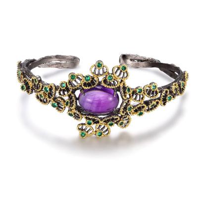 China CLASSIC Charm Folk-custom Fashionable Style Plated Big Gold Amethyst Bracelet, Bangles With Nano Green Spinel for sale