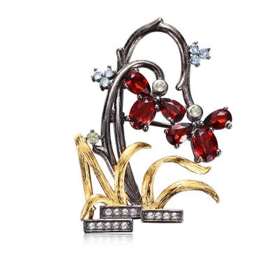 China Wholesale Silver Garnet 925 Sterling Silver Japanese And Korean Temperament Flower Brooch Jewelry For Women for sale