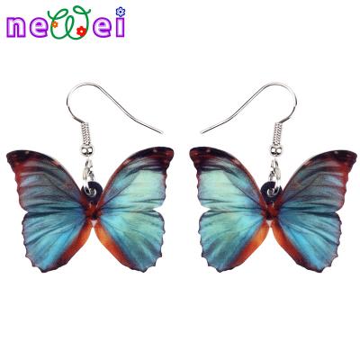 China NEWEI Morpho TRENDY Acrylic Blue Butterfly Earrings Insect Drop Dangle Fashion Jewelry For Women Girls Charms Gifts for sale