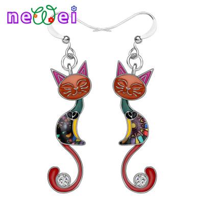 China NEWEI FASHIONABLE Alloy Rhinestone Enamel Floral Cat Kitten Earrings Drop Dangle Fashion Jewelry For Women Girls Charm Accessories for sale