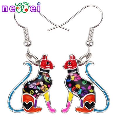 China NEWEI TRENDY Enamel Alloy Cat KItten Earrings Big Drop Dangle Floral Fashion Jewelry For Women Girls Teens Charm Gifts for sale