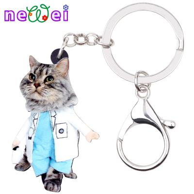 China NEWEI Cute Doctor Cat Kitten Keychains Gifts Car Purse Acrylic Key Chain Ring for Women Kids Accessories for sale