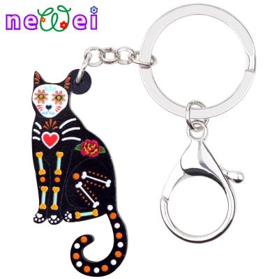 China Black Floral Cat Keychains Car Purse Key Chain Acrylic Halloween Skull Key Chain NEWEI Car Purse Floral Black Chain Ring Accessories Gifts for sale