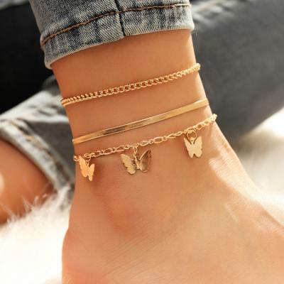 China Hot-selling three-layer butterfly chain three-piece set metal snake chain anklet high quality single pendant anklet chain for sale