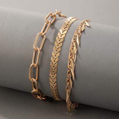 China High Quality Women Foot Jewelry Geometric Chain Anklet 3 Pieces Set Ankle Chain Gold Tassel Fashion Girl Beach Dangling Anklet for sale