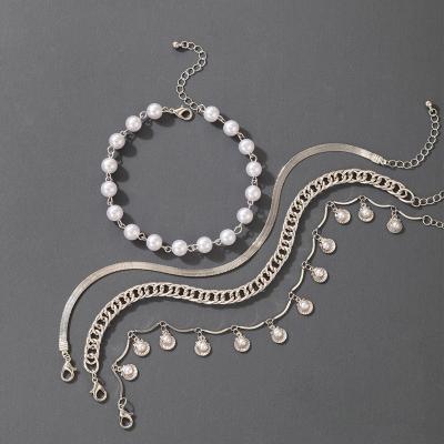 China High Quality Metal Anklet 4 Chains Pearl Anklet Chain FASHIONABLE Design Silver Anklet For Girl Birthday Gift for sale