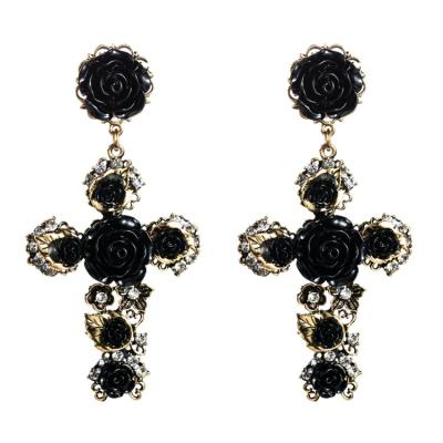 China African Women's Fashion Baroque Black Rose Flower Handmade Jewelry Earring One Generation Cross Earrings for sale