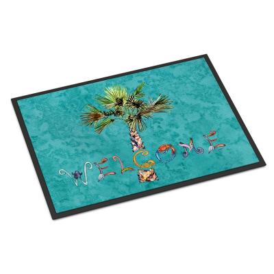 China Modern Customized Washable Welcome Mat Rubber Support Palm Tree On Teal Door Mat for sale