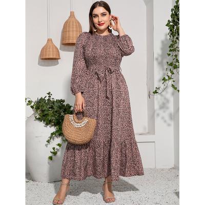 China Plus Breathable Leopard Print Bubbled Lantern Sleeve Ruffle Edge Belted Dress for sale